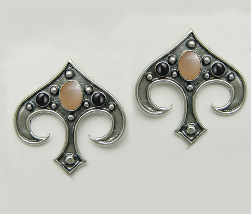 Sterling Silver Gothic Inspired Drop Dangle Earrings With Peach Moonstone And Black Onyx